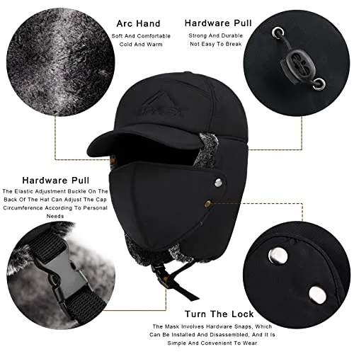 3 in 1 Thermal Fur Lined Trapper Hat with Ear Flap for Men, Full Face Neck Warmer All-Around Windproof Warm Insulated Winter Baseball Cap Cycling Snow Ski Snowboard Bomber Hat,Black