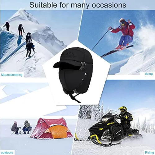 3 in 1 Thermal Fur Lined Trapper Hat with Ear Flap for Men, Full Face Neck Warmer All-Around Windproof Warm Insulated Winter Baseball Cap Cycling Snow Ski Snowboard Bomber Hat,Black