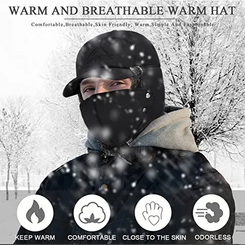 3 in 1 Thermal Fur Lined Trapper Hat with Ear Flap for Men, Full Face Neck Warmer All-Around Windproof Warm Insulated Winter Baseball Cap Cycling Snow Ski Snowboard Bomber Hat,Black