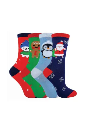 4 Pack Kids Cotton Rich Christmas Socks - Fun Festive Designs, Comfy and Machine Washable, Perfect Stocking Filler