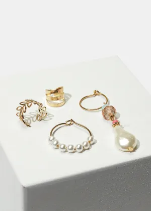 4-Piece Cuff & Pearl-Studded Hoop Earrings