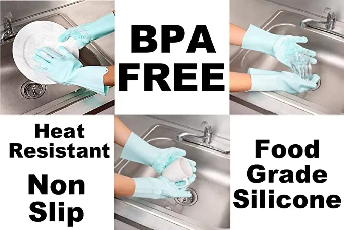 ALAZCO 1 Pair of BPA FREE Silicone Dishwashing Gloves for Kitchen Silicone Scrubbing Gloves Soft Bristles Cleaning Pet Care Washing Reusable Non-Slip & Heat Resistant