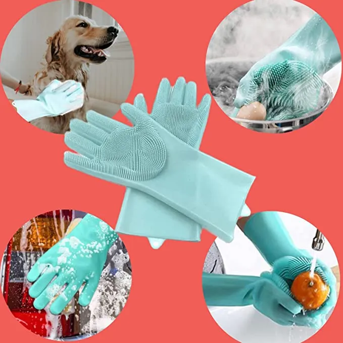 ALAZCO 1 Pair of BPA FREE Silicone Dishwashing Gloves for Kitchen Silicone Scrubbing Gloves Soft Bristles Cleaning Pet Care Washing Reusable Non-Slip & Heat Resistant