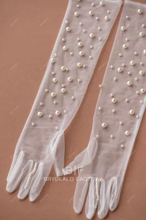 Allover Pearls Tulle Long Bridal Gloves Online