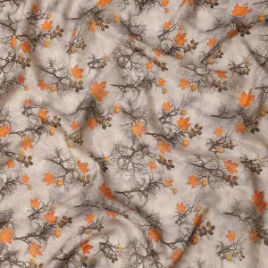 Beige Autumn Leaves Viscose Crepe Digital Print Fabric, 110 cm Wide, Made in India-D20977