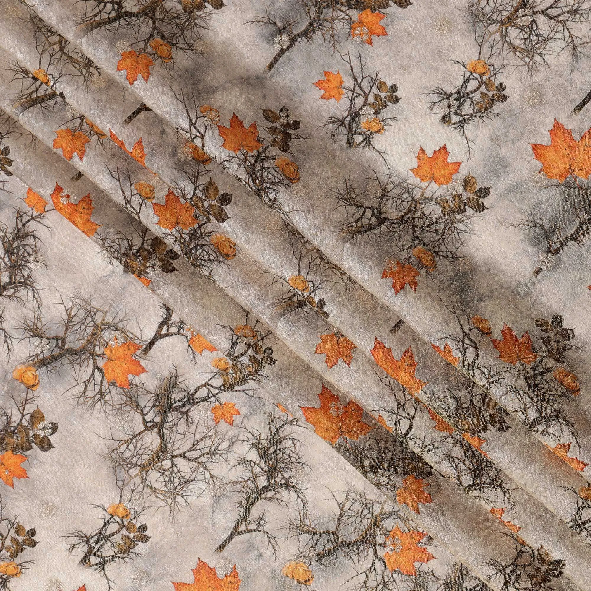 Beige Autumn Leaves Viscose Crepe Digital Print Fabric, 110 cm Wide, Made in India-D20977