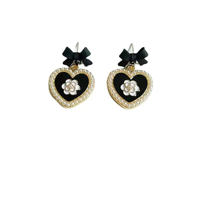 Blossoming Elegance: Flower Earrings with Black Bows - One of a Kind Fashion Accessory