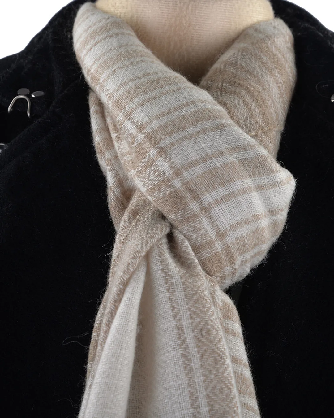 Cashmere Wool Scarf Fade Brown Cream Checks With Self Design