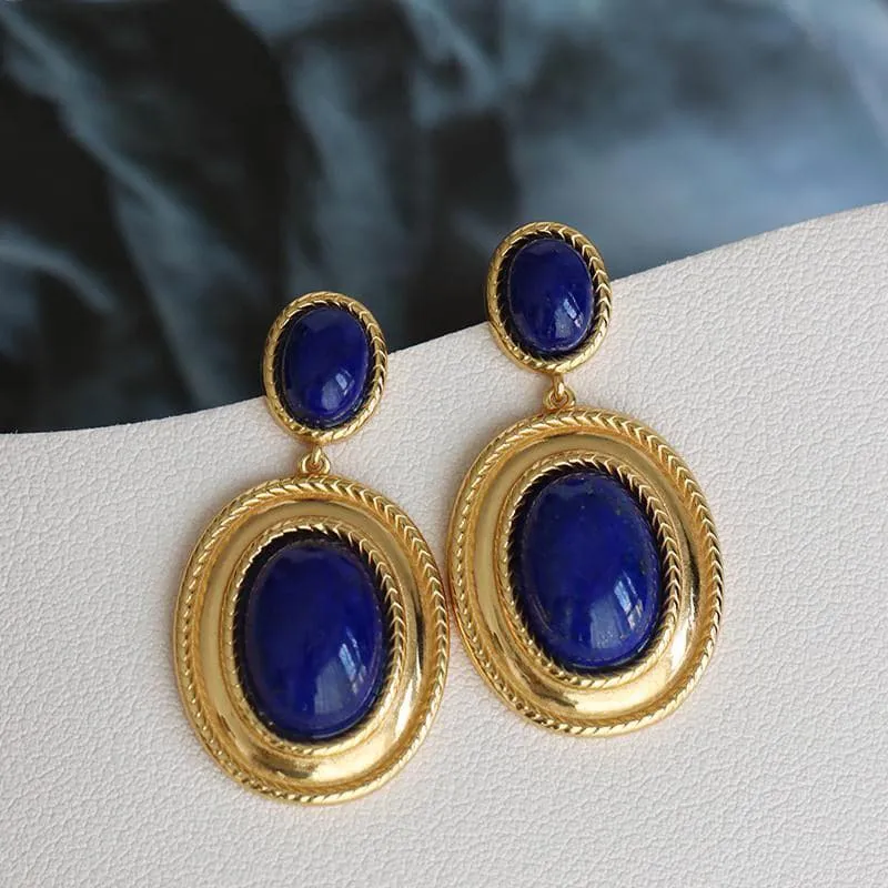 CHSBEAUTY Women's Elegant Fashion Stylish Oval Round Design Genuine Blue Lapis-Lazuli Earrings Jewelry