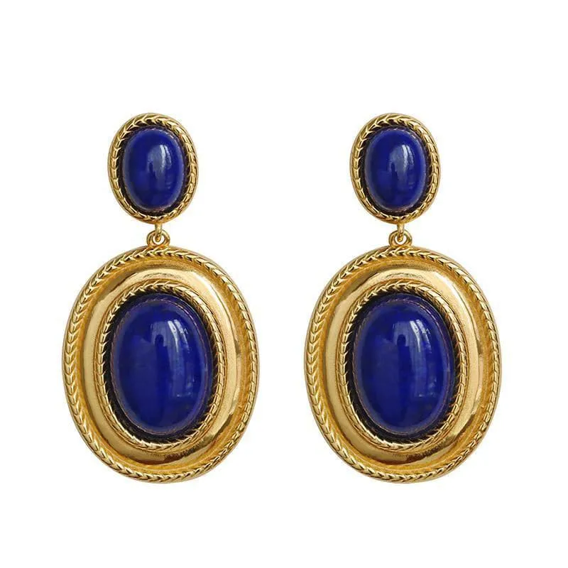 CHSBEAUTY Women's Elegant Fashion Stylish Oval Round Design Genuine Blue Lapis-Lazuli Earrings Jewelry