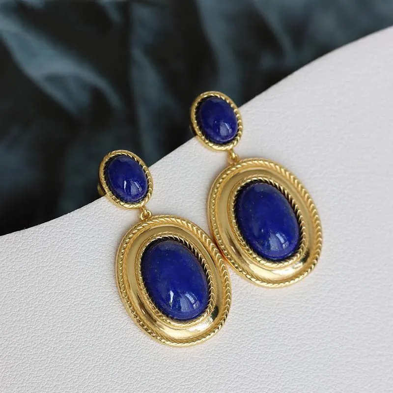 CHSBEAUTY Women's Elegant Fashion Stylish Oval Round Design Genuine Blue Lapis-Lazuli Earrings Jewelry