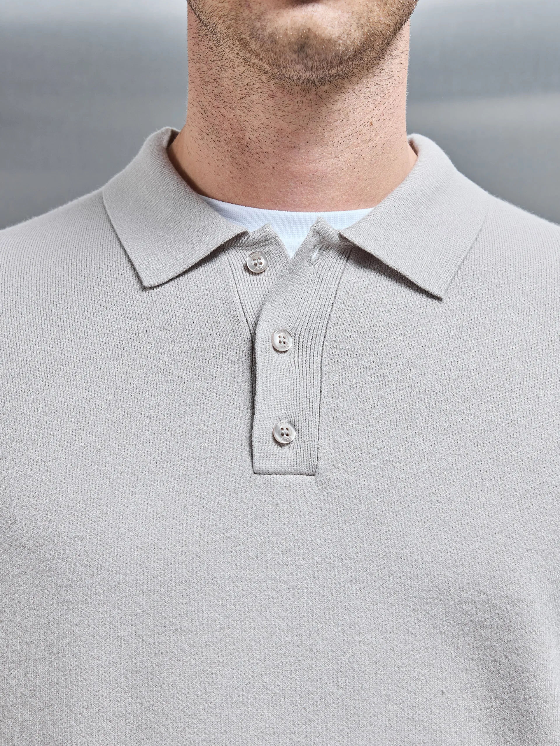 Chunky Knitted Polo Shirt in Stone