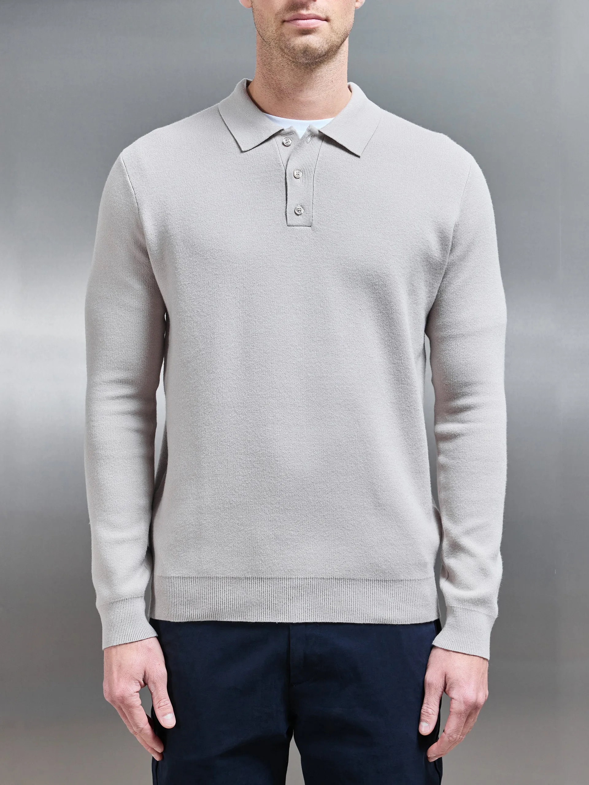 Chunky Knitted Polo Shirt in Stone