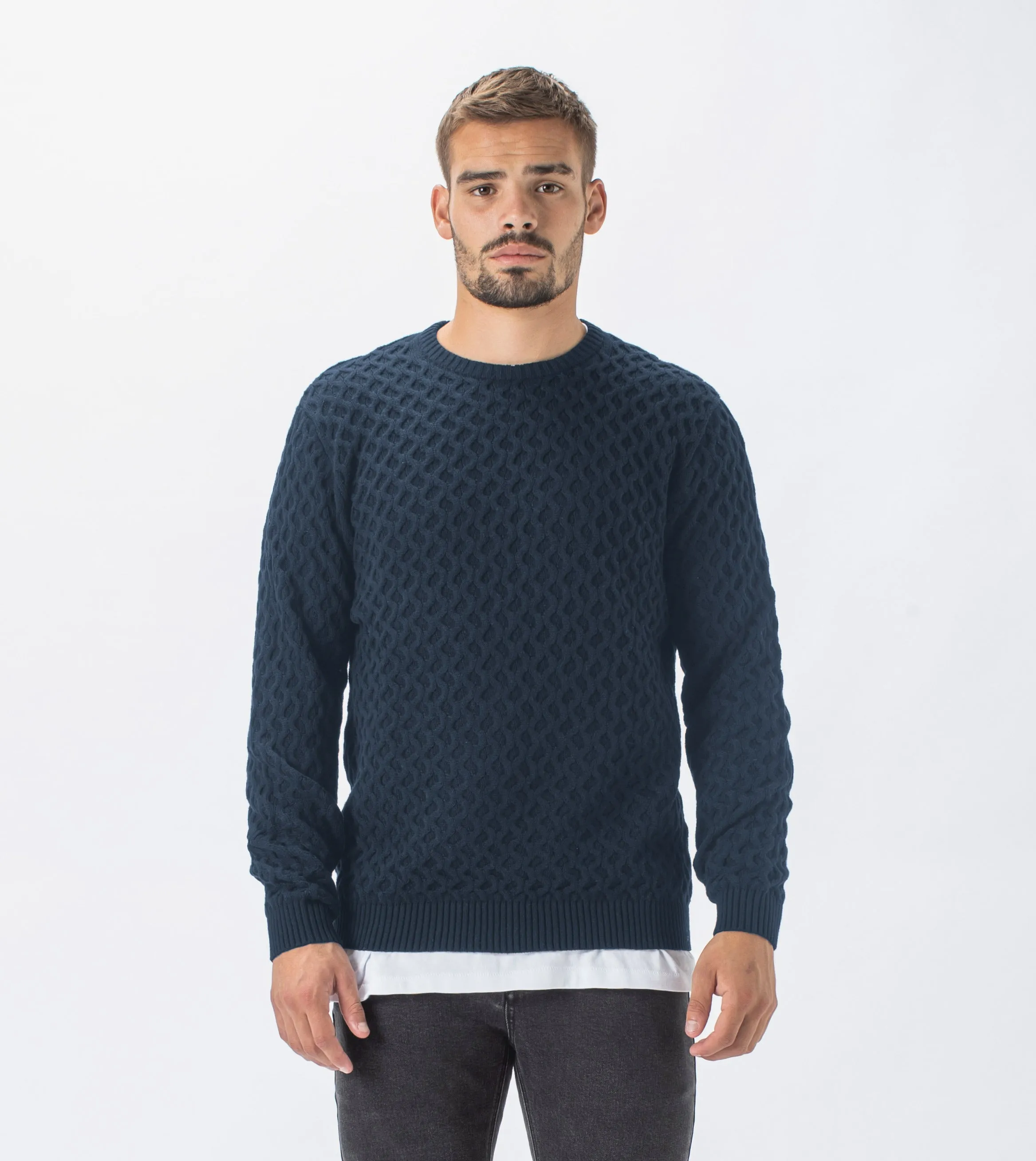 Diamond Crew Knit Navy - Sale