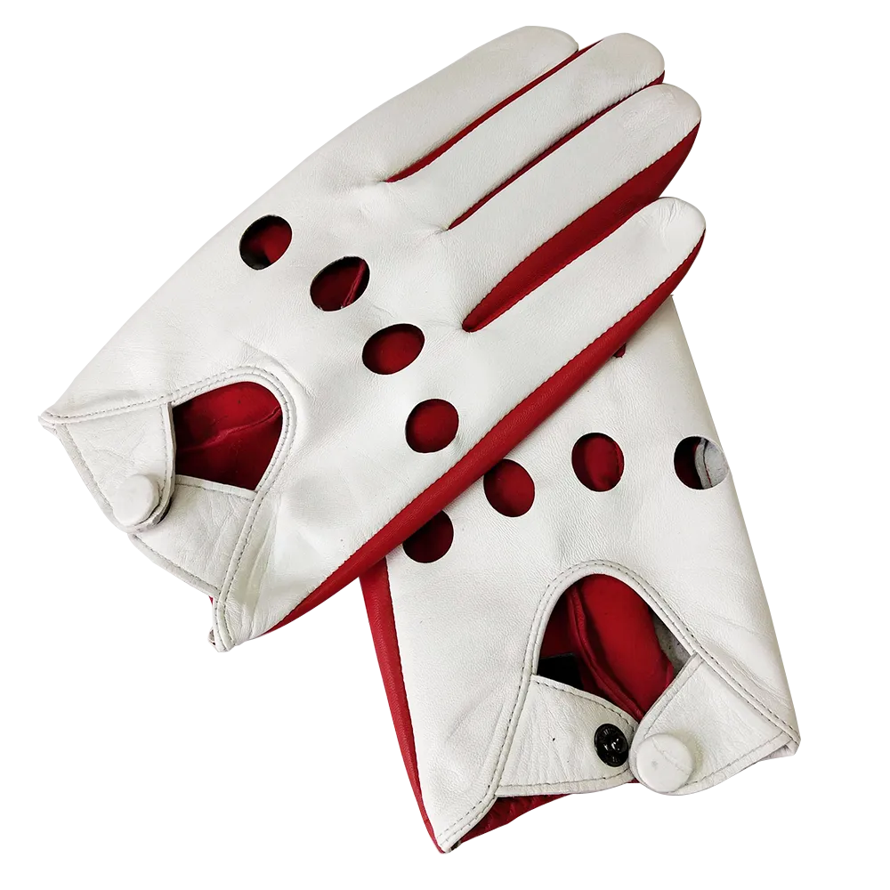 Highshine Men's Luxury Genuine Goatskin Leather Driving Gloves Thin Unlined for a tighter fit and extra flexibility Red/White