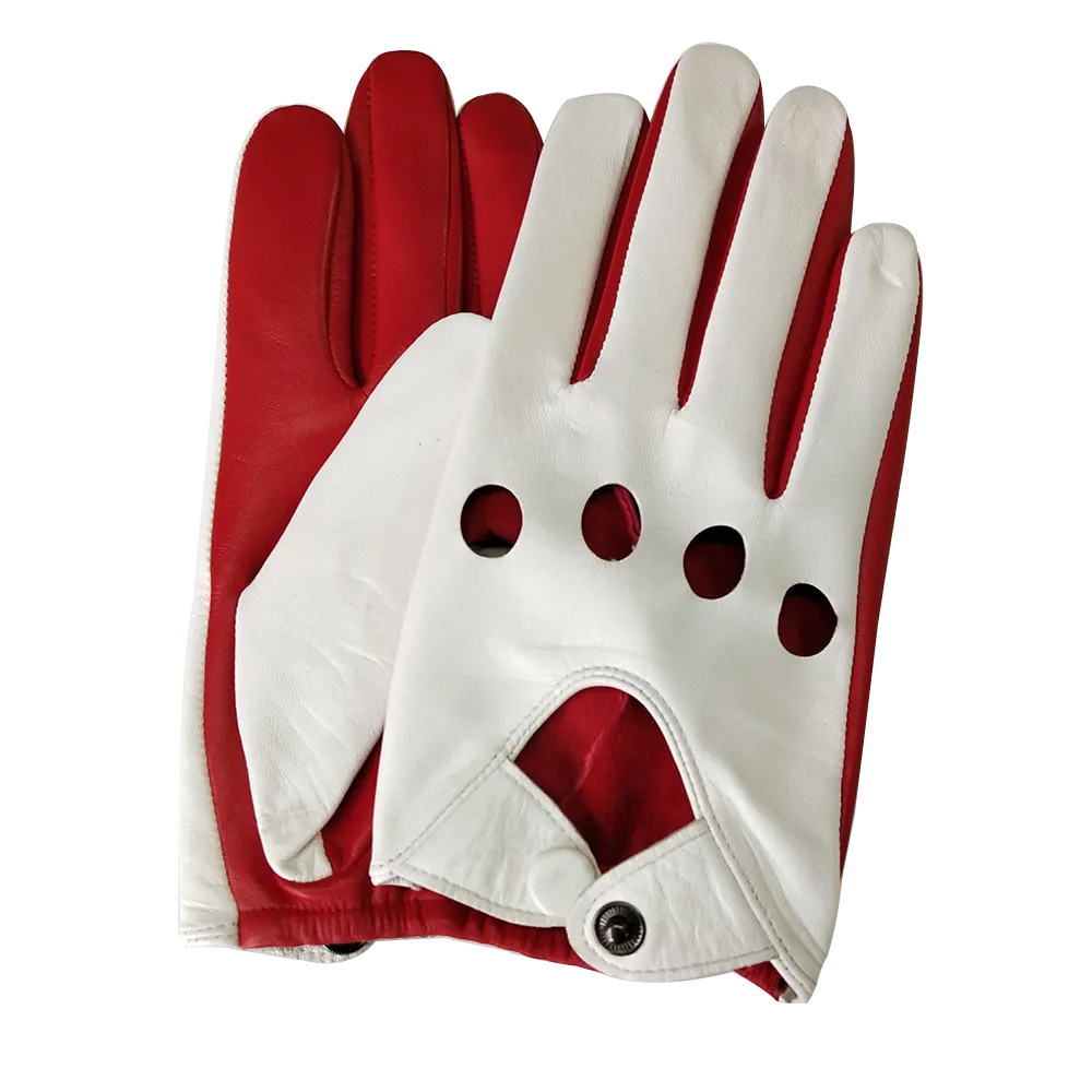 Highshine Men's Luxury Genuine Goatskin Leather Driving Gloves Thin Unlined for a tighter fit and extra flexibility Red/White