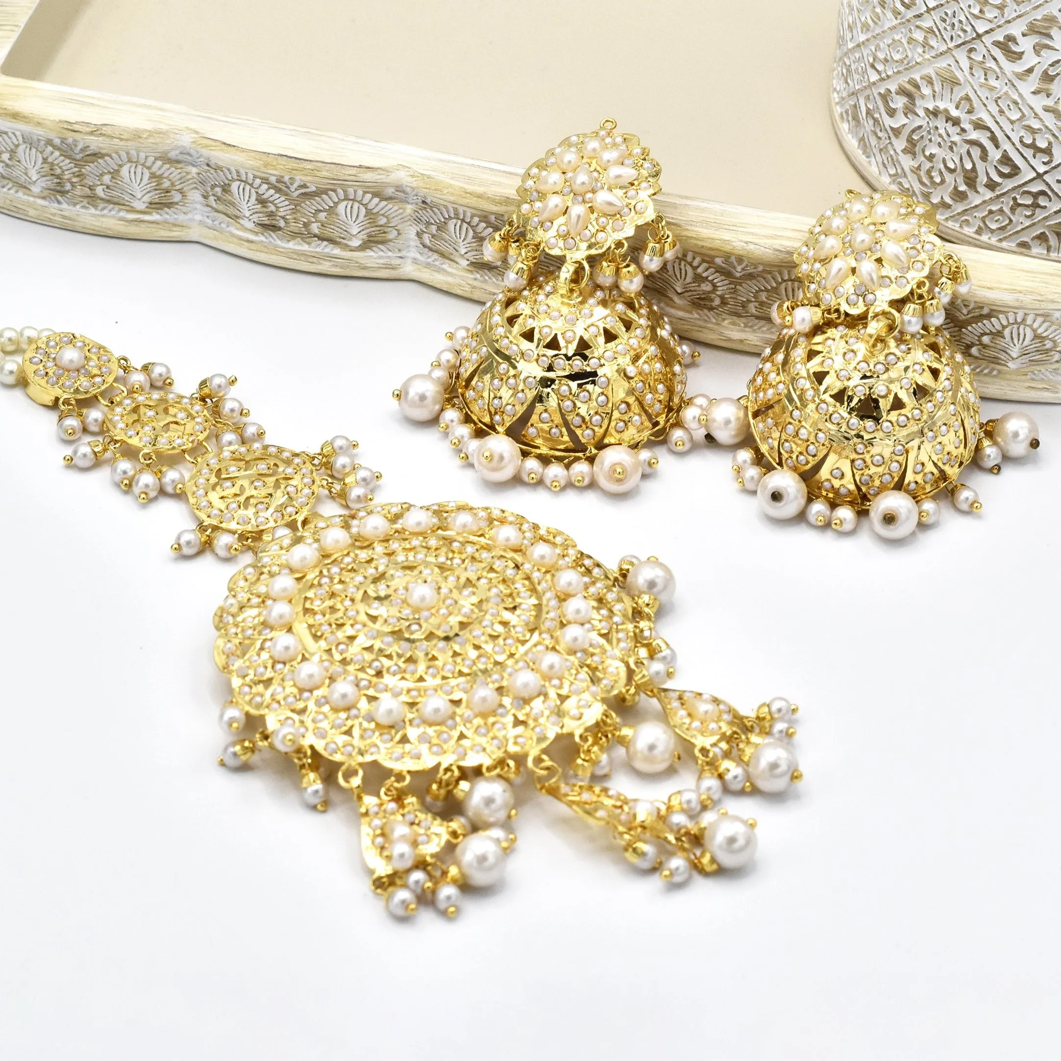 Lafiza Jadau Jhumki Earrings Tikka Set - Pearl