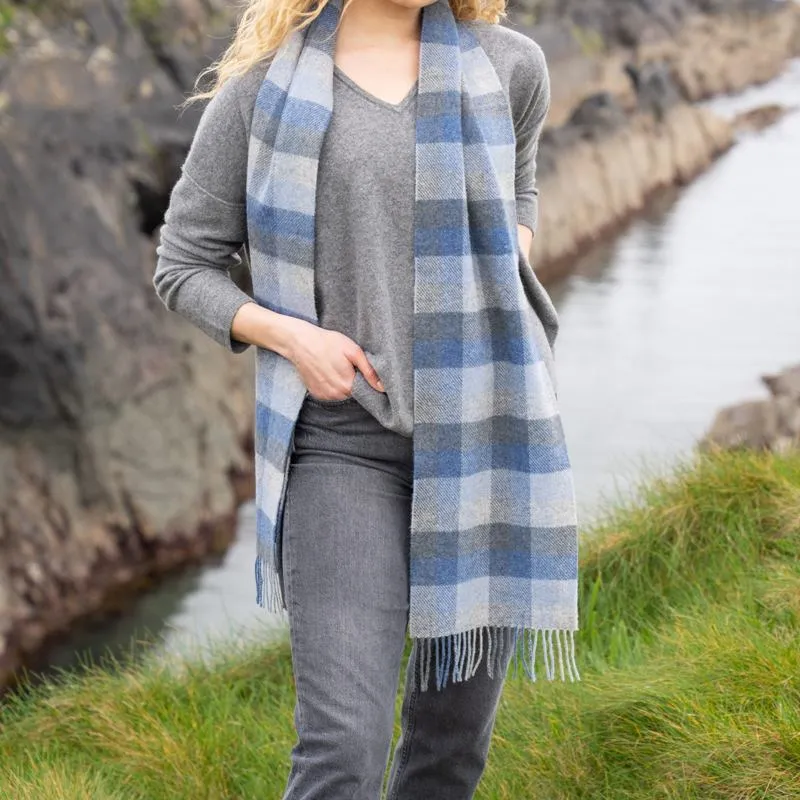 Lambswool Scarf - Blue and Grey Block Check - John Hanly