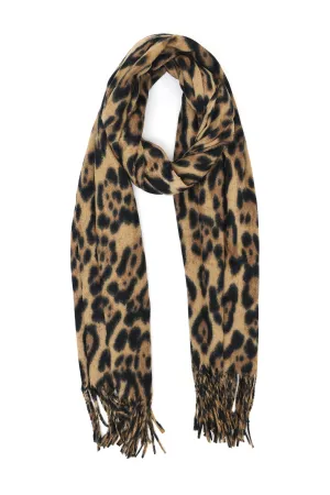 LEOPARD PRINT FRINGED SCARF-BROWN