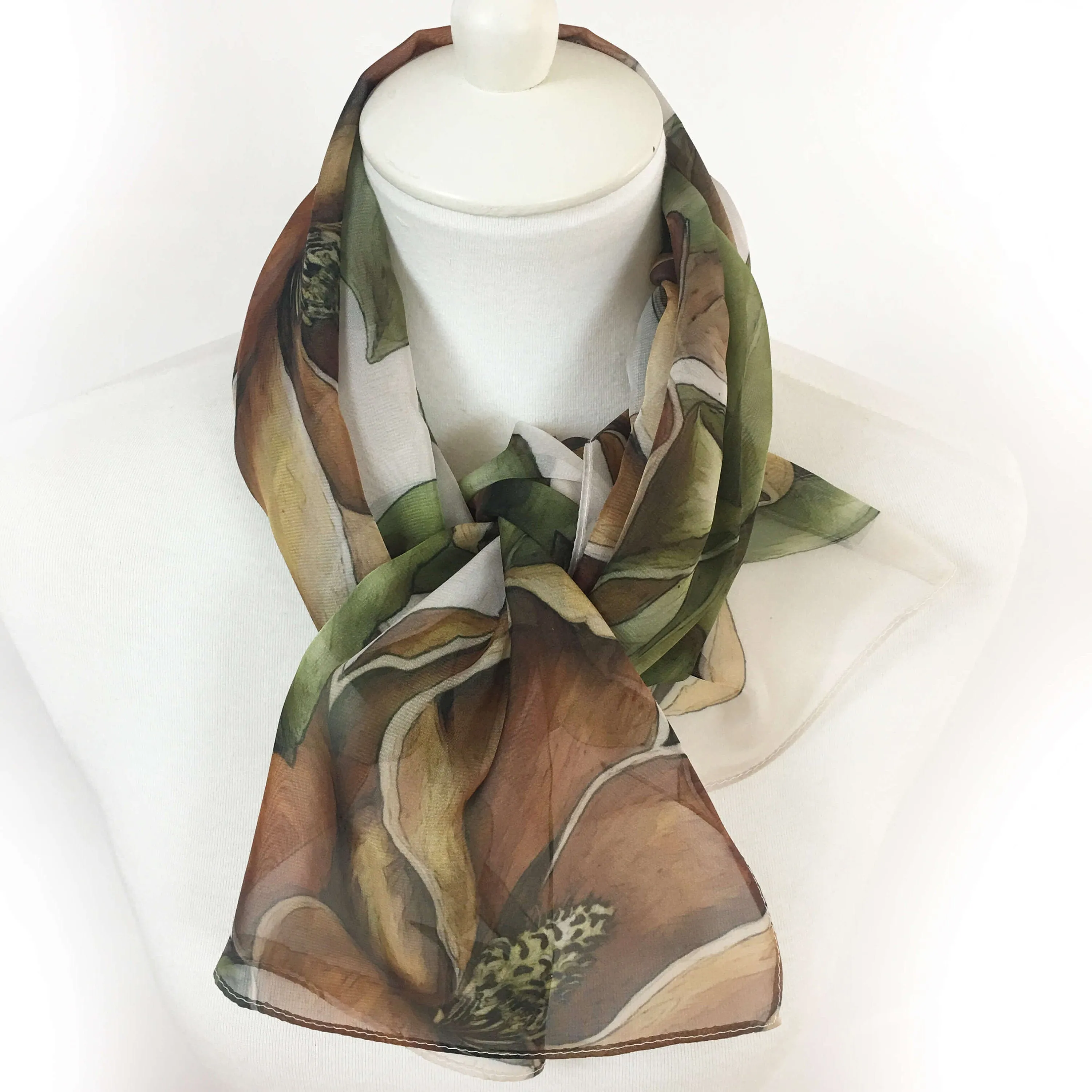 Magnolia, Chiffon Scarf, Woman Scarf, All season scarf, Lightweight Scarf, hand painted scarf,ladies scarf, artist scarf