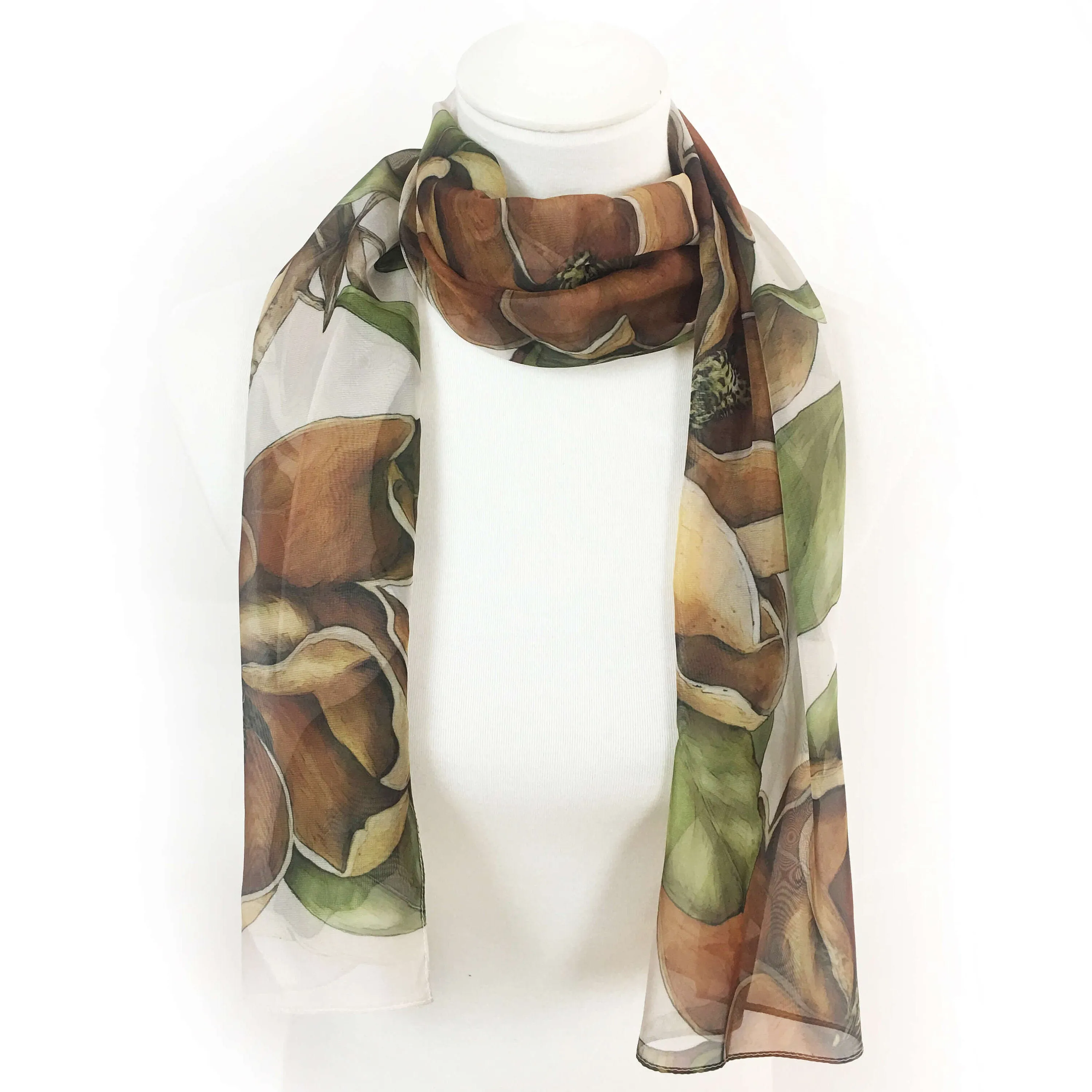 Magnolia, Chiffon Scarf, Woman Scarf, All season scarf, Lightweight Scarf, hand painted scarf,ladies scarf, artist scarf