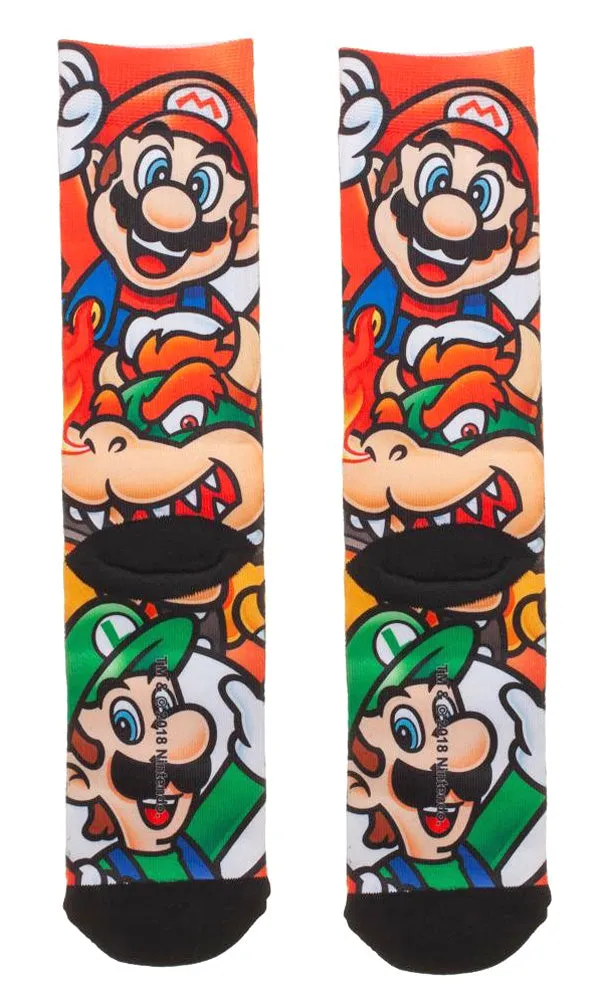 Nintendo Super Mario, Luigi & Bowser Sublimated All Over Print Crew Socks