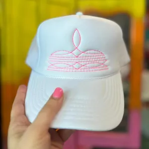 Online Exclusive | Hot Pink Boot Stitch Foam Trucker Cap in White