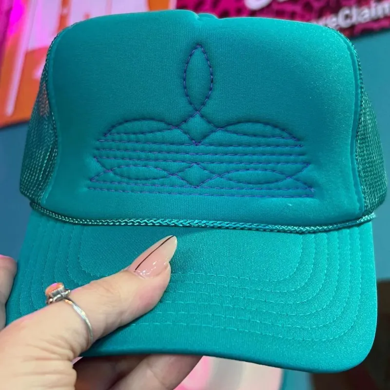 Online Exclusive | Purple Boot Stitch Foam Trucker Cap in Solid Jade Blue