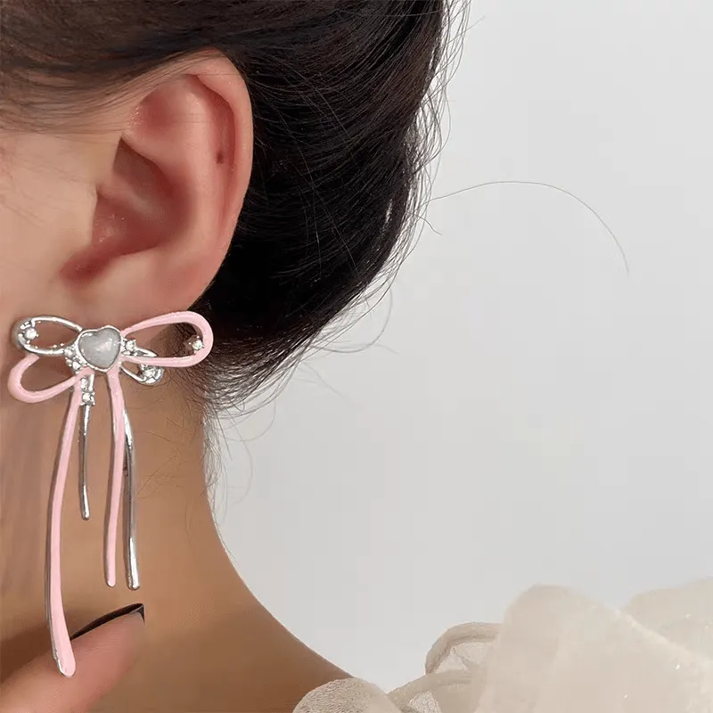 Pink Ribbon Big Bow Earrings