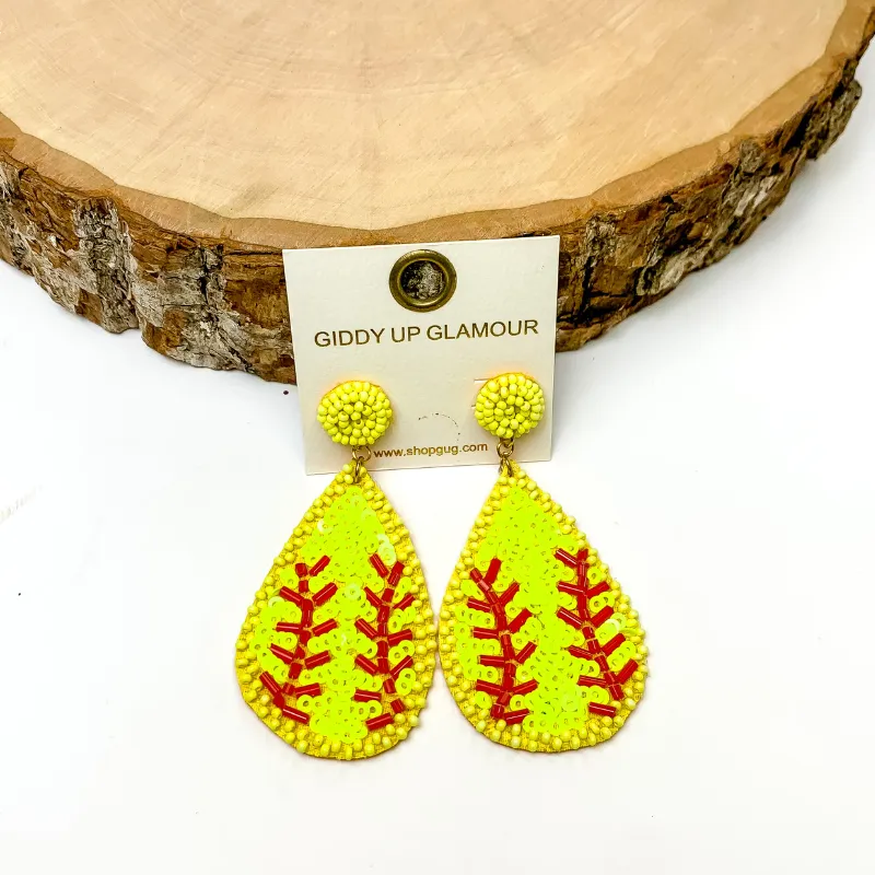 Sequin Teardrop Softball Earrings in Yellow