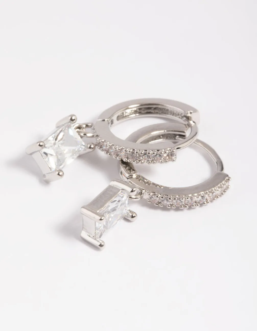 Silver Rectangular Cubic Zirconia Huggie Hoop Earrings