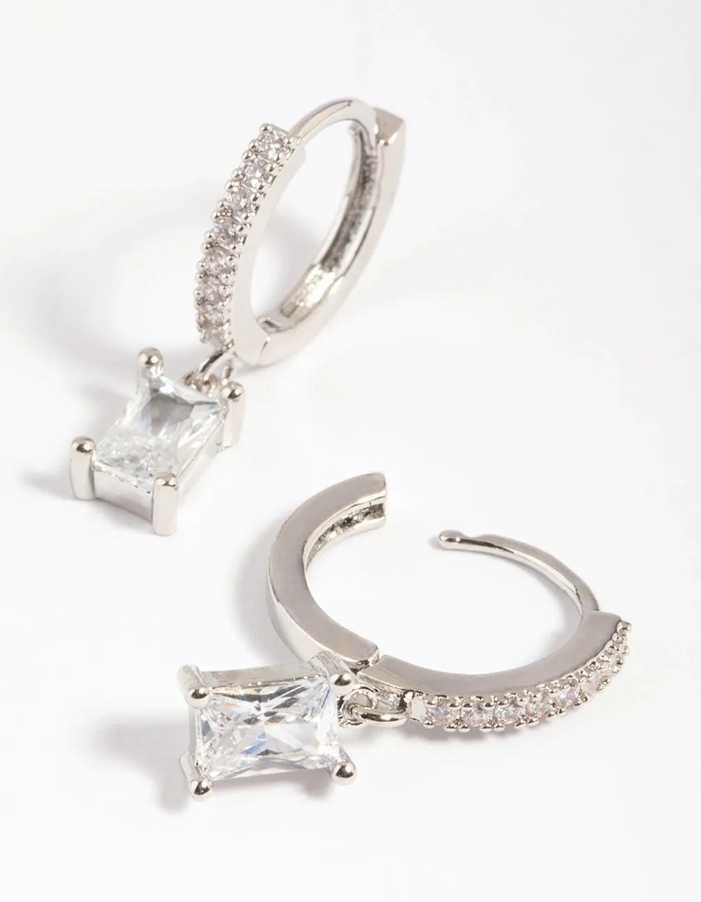 Silver Rectangular Cubic Zirconia Huggie Hoop Earrings