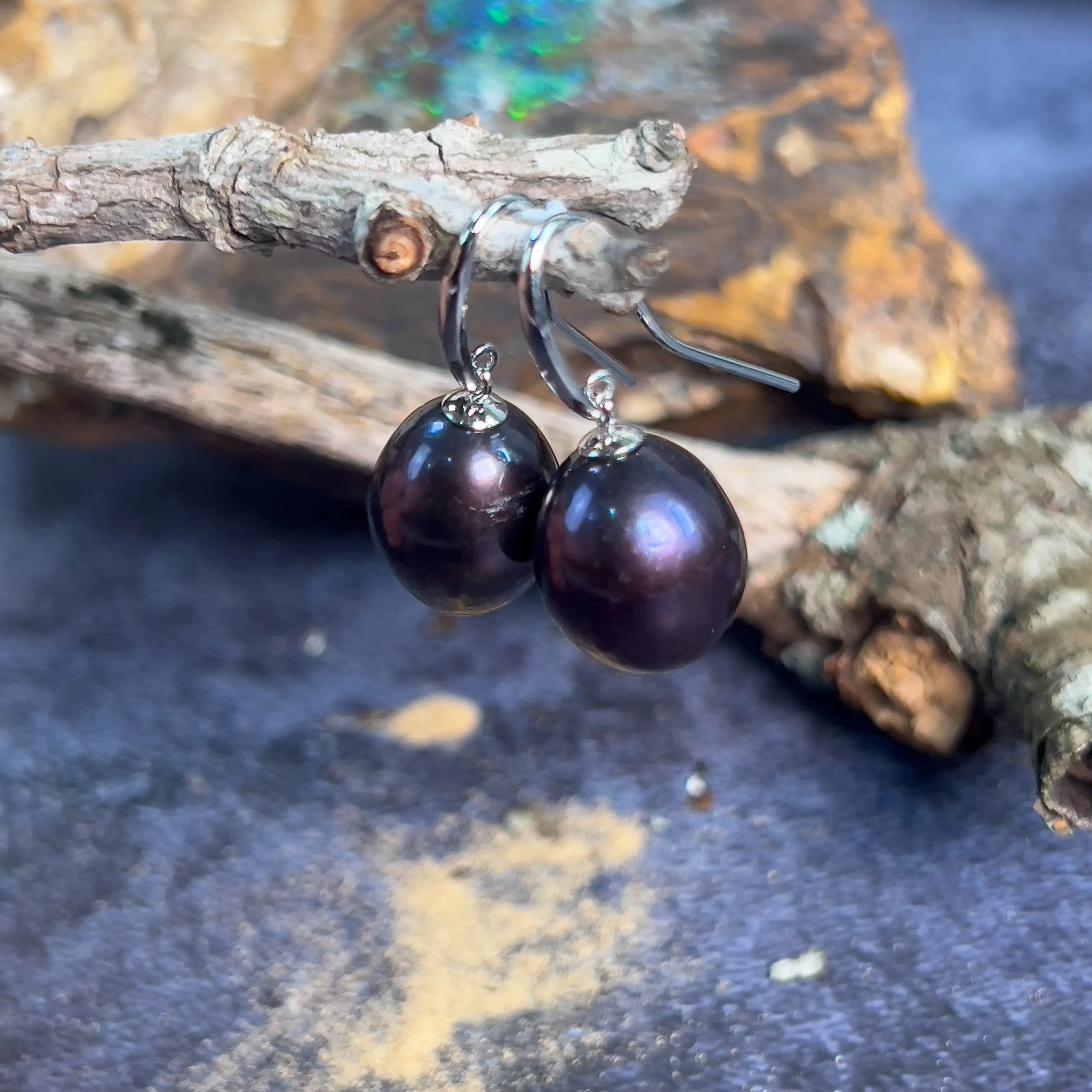 Sterling Silver Hook earrings with Black Pearls drop shape