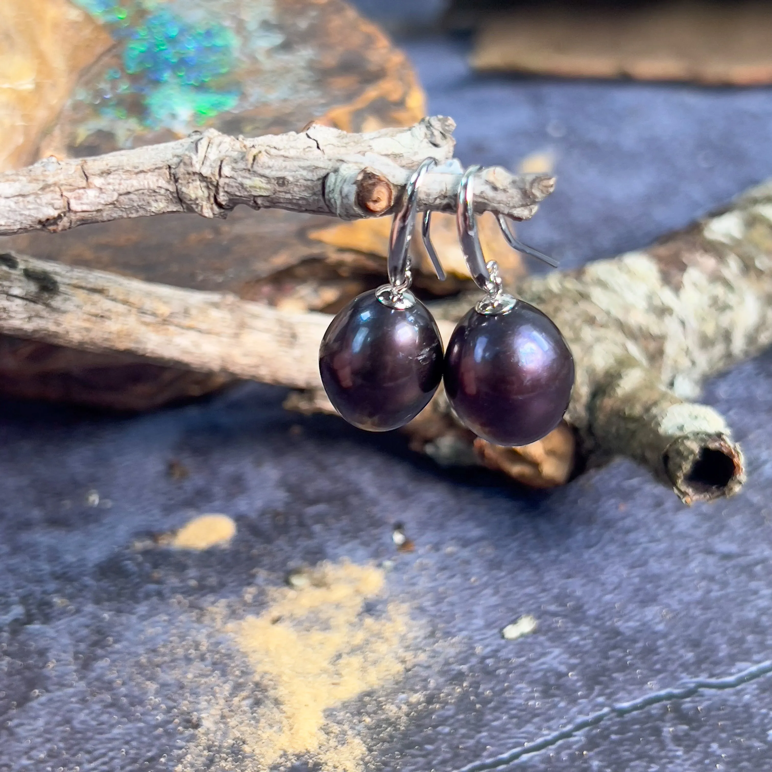 Sterling Silver Hook earrings with Black Pearls drop shape