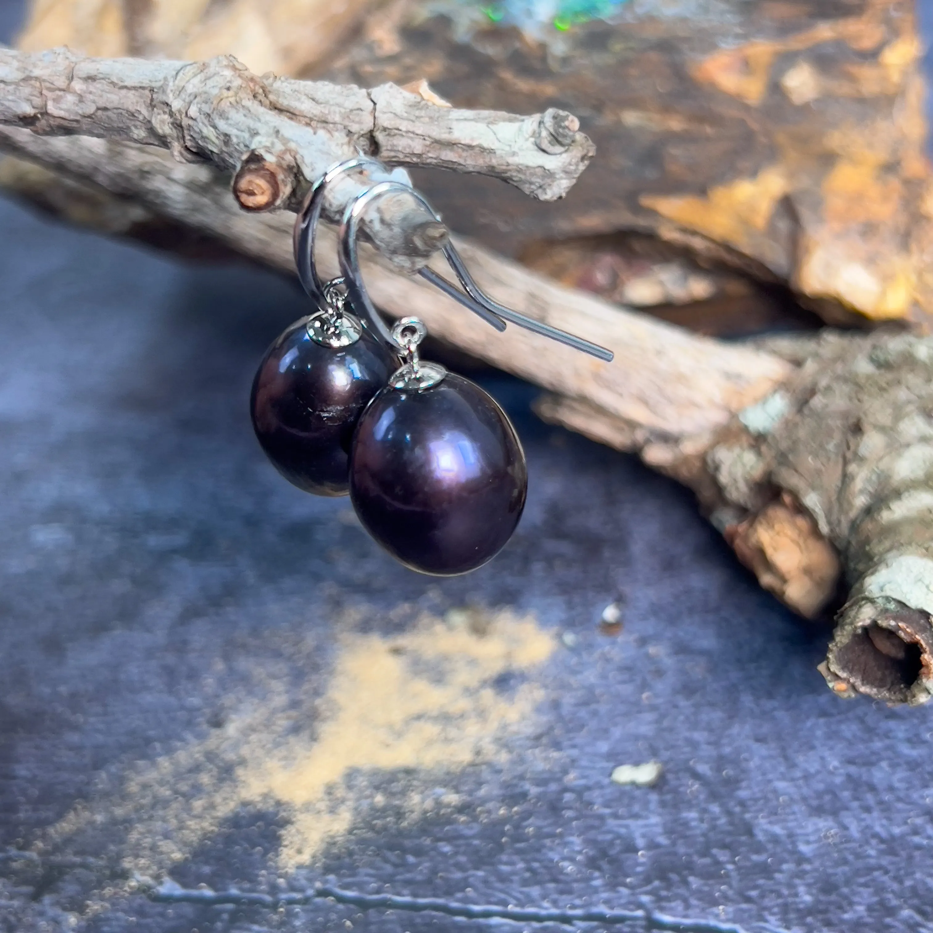 Sterling Silver Hook earrings with Black Pearls drop shape