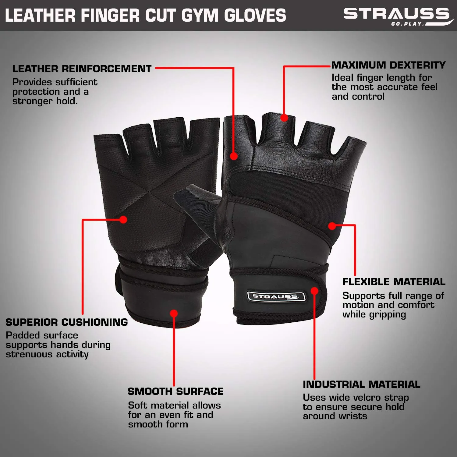 STRAUSS Leather Gym Gloves with Wrist Wrap (Medium)