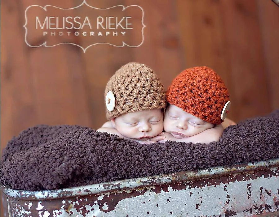 Twin Baby Button Beanie Hats Orange Beige